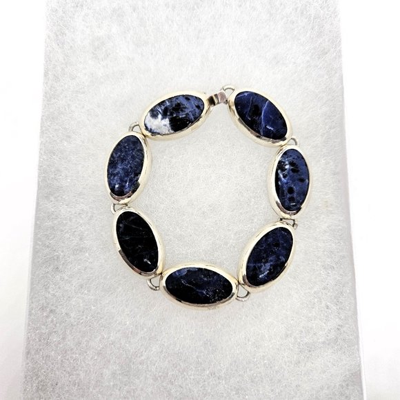 Vintage Mexico C-11 Sodalite Modernist Style 925 Sterling Silver Bracelet - Picture 2 of 9